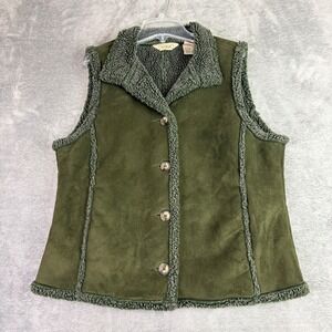 LL Bean Women's M Green Faux Suede Sherpa Lined Button Vest Outdoors Classic